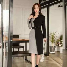 Tubino Vestito Abito Donna Elegante Manica Lunga Grigio Nero 90504