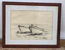 Vintage Quadro su Carta a Matita Barche sulla Spiaggia con Cornice in Legno