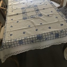 Tovaglia Ricami Azzurri E Blu Fatto A Mano Fiori Azzurri Tessuto Misto Lino