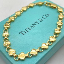 Bracciale Tiffany & Co. Placca Oro Puff Cuore Catena Maglia Argento 925 7" 11,8g