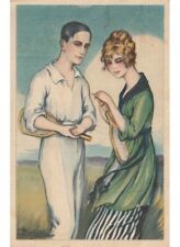 1920 A. Busi antica cartolina deco innamorati moda d'epoca racchette tennis