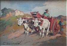 Carlo Domenici (Livorno 1897-1981) Carro con buoi  olio su tavola 35x50 cm