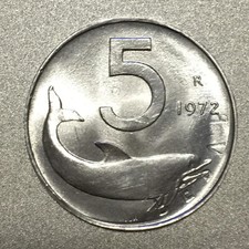 5 Lire 1972 delfino Errore Difetto Conio conio colliso scritta incuso QFDC / FDC