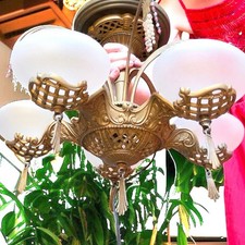 Lampadario fontana paralume scorrevole vetro branchia art deco anni 20 baldacchino 5 bracci vintage