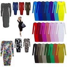 Maxi abito donna manica lunga tinta unita e stampato elasticizzato midi bodycon girocollo