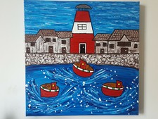 QUADRO MODERNO ASTRATTO DIPINTO A MANO MARE BARCHE MARINA  50x50x4cm  RIF104