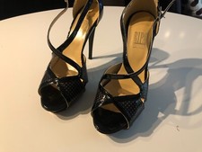 Sandalo Alto Ripa Pelle Donna Tacco Nero Pois Tacchi Elegante Decollete