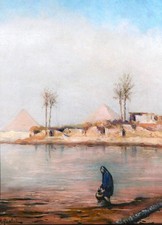 Quadro Antico Piattoli Egitto Antica Oriantaliste Piramide Gyzeh Nil Paesaggio