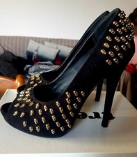 Scarpe donna SISLEY vellutino nero con teschietti oro tacco 13 Tg.39