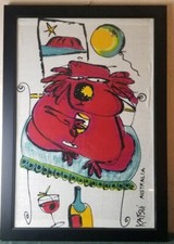 Katsui Australia cane che beve vino incorniciato arte da parete 