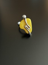 Modernist Style Vintage Sterling Silver Amber Ring Poland 17.5