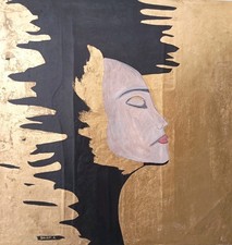 QUADRO MODERNO DIPINTO A MANO OLIO SU TELA IMMAGINE DONNA FOGLIA ORO 