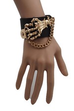 Bracciale In Finta Pelle Marrone Da Donna Con Catene In Metallo Dorato E Teschi