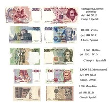 50000 10000 5000 1000 LIRE BERNINI 1 Tipo  BELLINI VOLTA VERDI 2 T MONTESS LOTTO