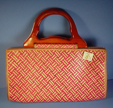 Bamboo 54 Fuchsia Woven Purse Hand Bag Tote Wood Handles New Old Stock MIB