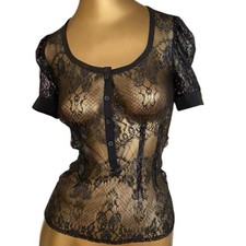 Top vintage Armani nero in pizzo a rete trasparente con bottoni e maniche a sbuffo