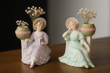 Coppia Bouqueteries Ceramica Biscuit Antiche Statuine Porcellana Anni 50