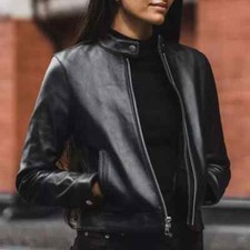 Nuovo Donna Nero Pelle Giacca