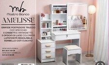 Toeletta Bianca Specchio Luce Led Touch Sgabello Postazione Trucco Camera