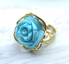 Anello  Fiore Rosa Pasta di Turchese Argento 925 Oro Giallo 18 KT Artigianale 