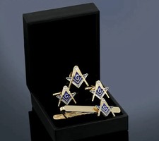 NUOVO IN SCATOLA Free Mason Massonic Tie Clip Bar set bracciale e spilla bavero tono oro