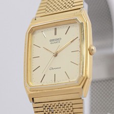 **Exc+5** Orologio Uomo Vintage 1985 SEIKO Chronos 9021-5130 Quarzo Quadrante Oro 28mm
