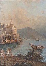 Guglielmo Giusti (1824-1916)- Costiera Amalfitana - Olio su Pannello- Firmato