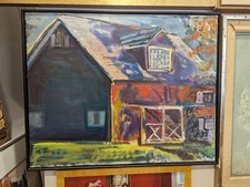 Dipinto olio Peter L Steiner vintage impressionista bucolico rosso fienile campagna fattoria