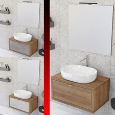 MOBILE BAGNO SOSPESO CM 80 LEGNO CASSETTO E LAVABO SPECCHIO LED DOMUS 3 COLORI