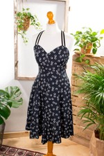 %Vendita% Vintage Originale 90er Vestito Estivo Nero Pois Viscosa Rockabella 36