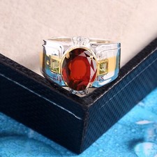 Grossularia Granato & Peridoto Con Placcato Oro Bianco Anello Argento per Uomo #