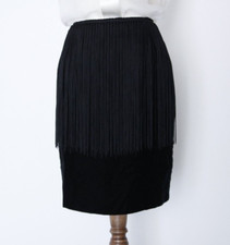 Gonna tubino vintage in velluto nero con frange taglia 42