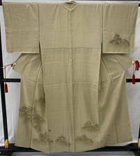 Kimono giapponese vintage grigio seta Komon stemma famiglia tradizionale lung...