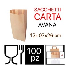 100 SACCHETTI DI CARTA AVANA 12+07x26 BUSTE PER ALIMENTI PANE DOLCI ORTOFRUTTA 