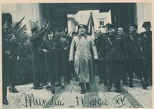 Cartolina antica: propaganda fascista Mussolini in visita alla Motta Panettoni