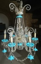 Lampadario antico cristallo di Boemia 6 luci bobèches e fiori opalina turchese