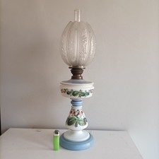 Grande Lampada Petrolio Dipinta a Mano Lume Opalina con Boccia in Vetro h 55 cm