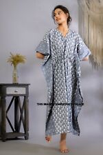 Indiano Grigio Bianco Blocco Stampato Cotone Kaftano Maxi Abito , Hippie Boemo
