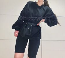 COORDINATO SET DONNA LEGGINGS CICLISTI + FELPA OVERSIZE COTONE NERO TAGLIA UNICA