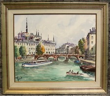 GRANDE QUADRO ACQUERELLO Antonello Zecca BATEAU MOUCHE PAESAGGIO PARIGI SENNA 