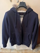 Felpa blu donna con pelo bianco, Zip E Cappuccio Con Pelo Sintetico XXL