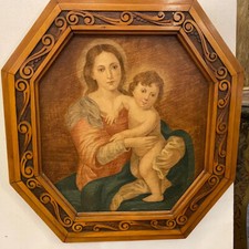 Olio su tela con cornice ottagonale Art Nouveau raffigurante una Madonna con Gesù Bambino