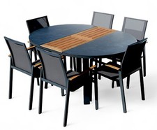 ALEOS. Set da giardino alluminio TEAK set tavolo 120-160 cm allungabile + 6 sedie impilabili