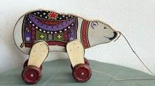 VECCHIO GIOCATTOLO IN LEGNO ORSO CON LE RUOTE DA TRAINARE ANNI 50-60