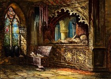 Scuola inglese, secolo XIX - Cripta gotica con tomba e salma di un guerriero