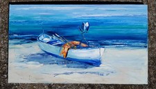 Dipinto a olio con mare e gozzo da pesca, olio su tela, cm.40.60