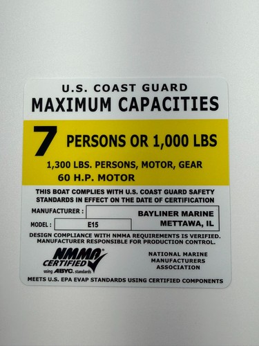 Bayliner e15 capacity - capacity, decal