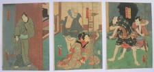 Antico trittico con stampa xilografia originale giapponese 19c di Toyokuni