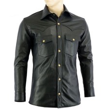 CAMICIA BLUF BLUF da uomo in vera pelle di agnello nera polizia stile militare