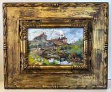 ANTICO DIPINTO OLIO TAVOLA "La Barona Milano" FIRMATO 1929 PAESAGGIO FIUME PONTE